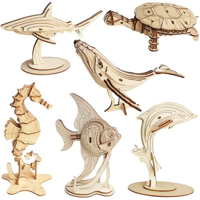 6 PIECE SET WOOD SEA ANIMALS SKELETON ASSEMBLY MODEL, 3D WOODEN PUZZLE, WOODEN PUZZLE SIMULATION ANIMAL ASSEMBLY DIY MODEL TOY, BRAIN TEASER PUZZLES (A) - Image 1